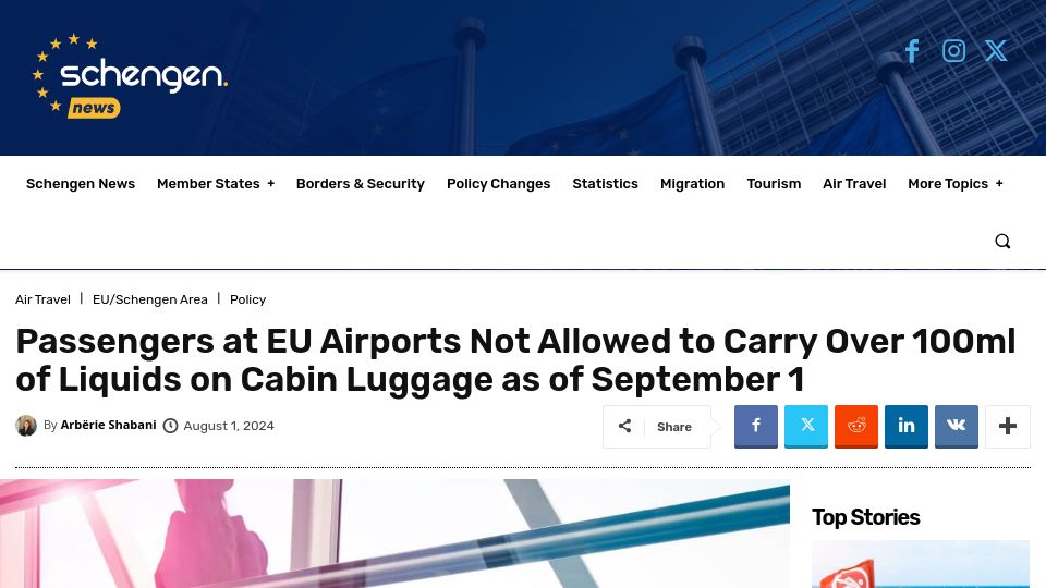 Screenshot of schengen.news: Passengers at EU Airports Not Allowed over 100ml of Liquids on Cabin Luggage