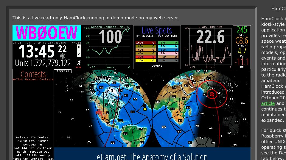 Screenshot of clearskyinstitute.com: HamClock – a real time space weather dashboard