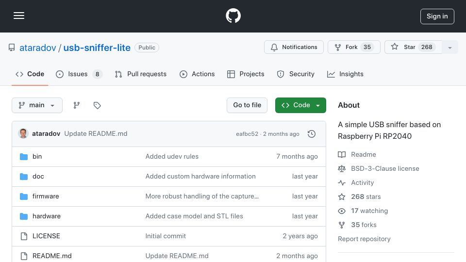 Screenshot of github.com: USB Sniffer Lite for RP2040