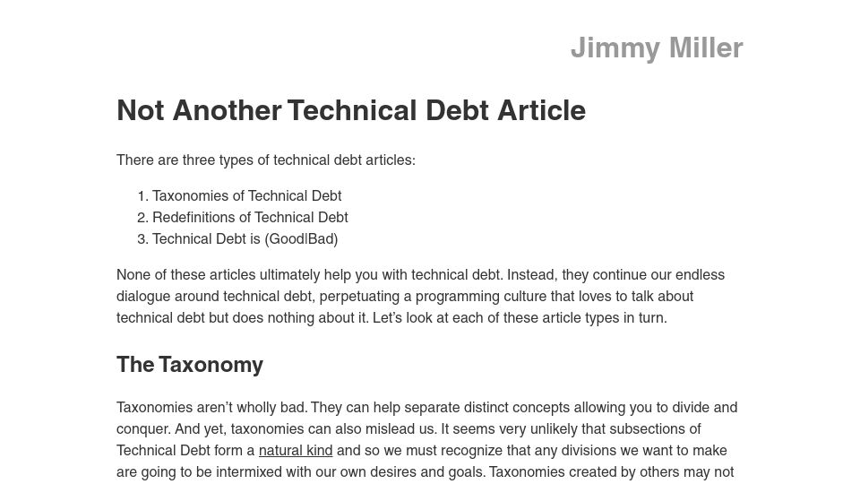 Screenshot of jimmyhmiller.github.io: Not Another Technical Debt Article