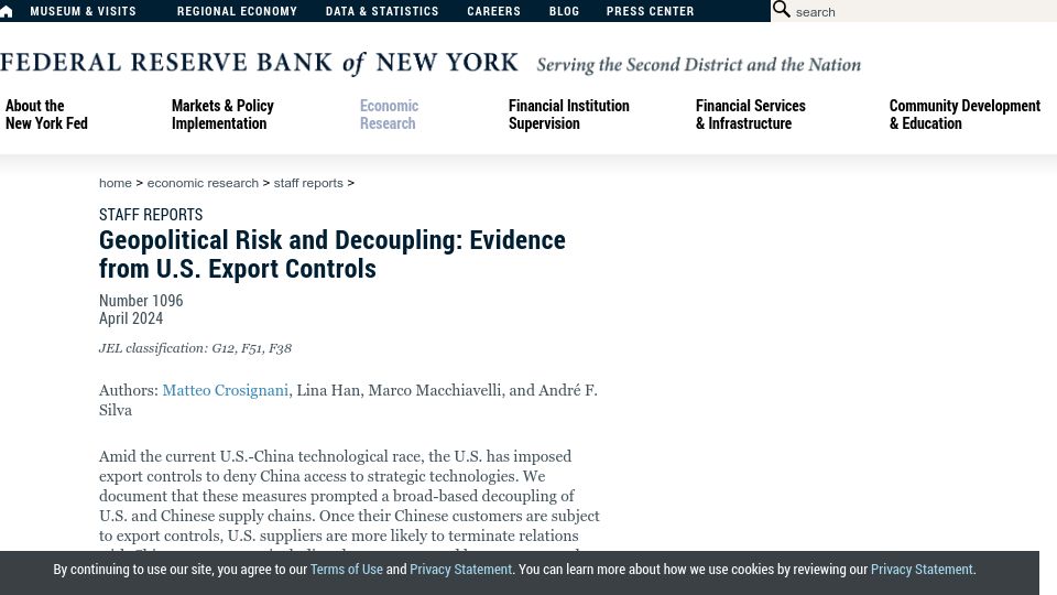 Screenshot of newyorkfed.org: US Fed: US export controls to China wiped out $130B