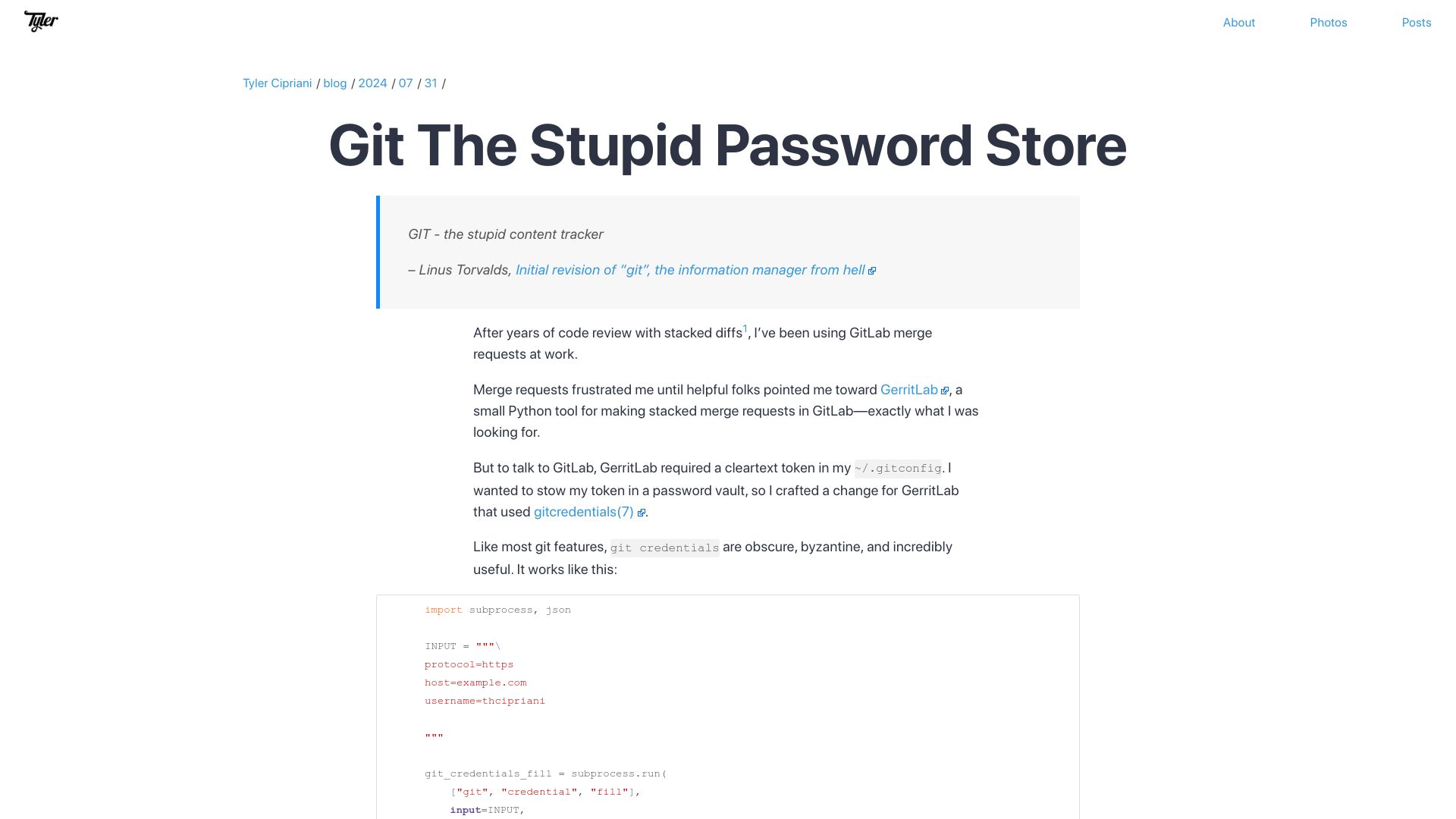 Screenshot of tylercipriani.com: Git: The Stupid Password Store
