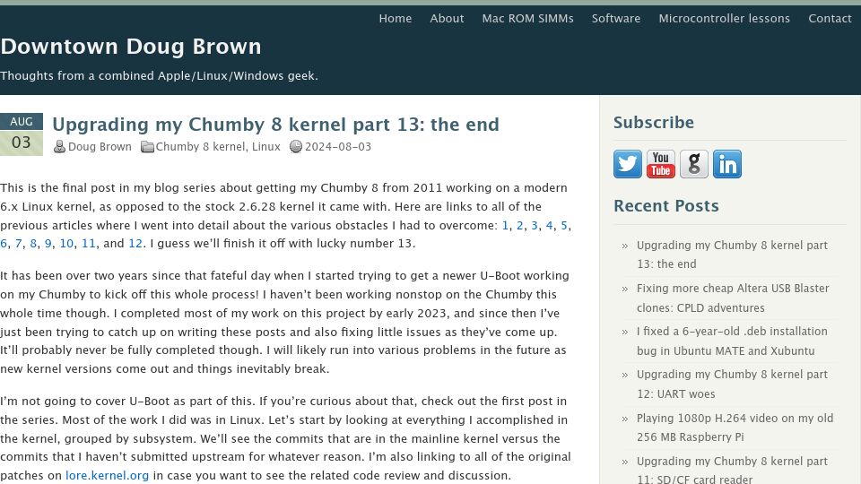 Screenshot of downtowndougbrown.com: Upgrading my Chumby 8 kernel part 13: the end