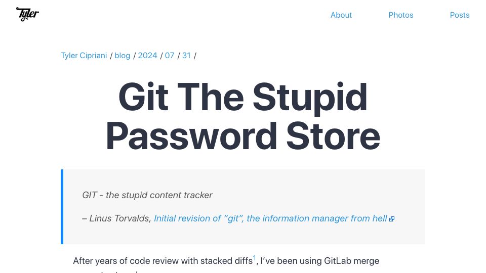 Screenshot of tylercipriani.com: Git: The Stupid Password Store