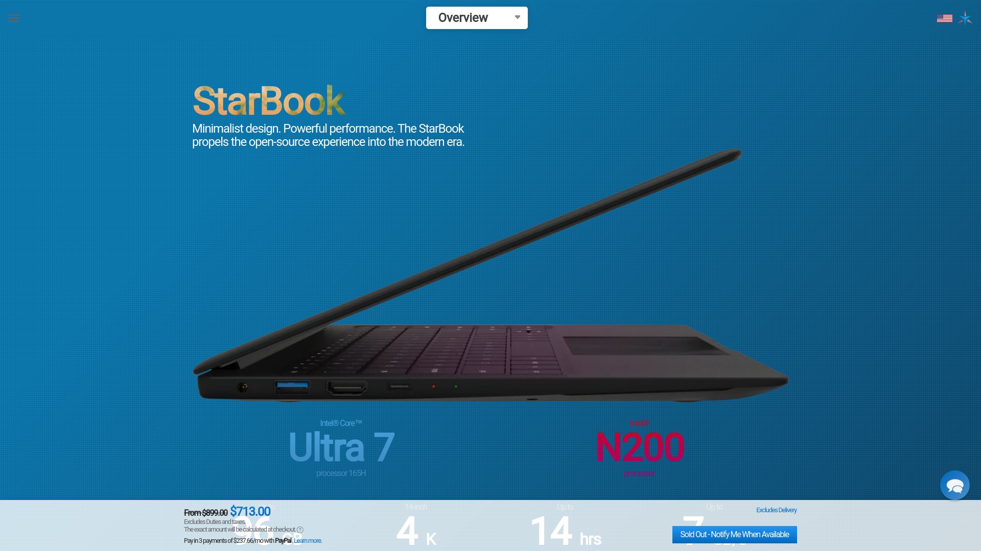Screenshot of us.starlabs.systems: StarBook 7 14" Linux Laptop with Intel Core Ultra 7, 4K, Up to 96GB 5.6GHz RAM