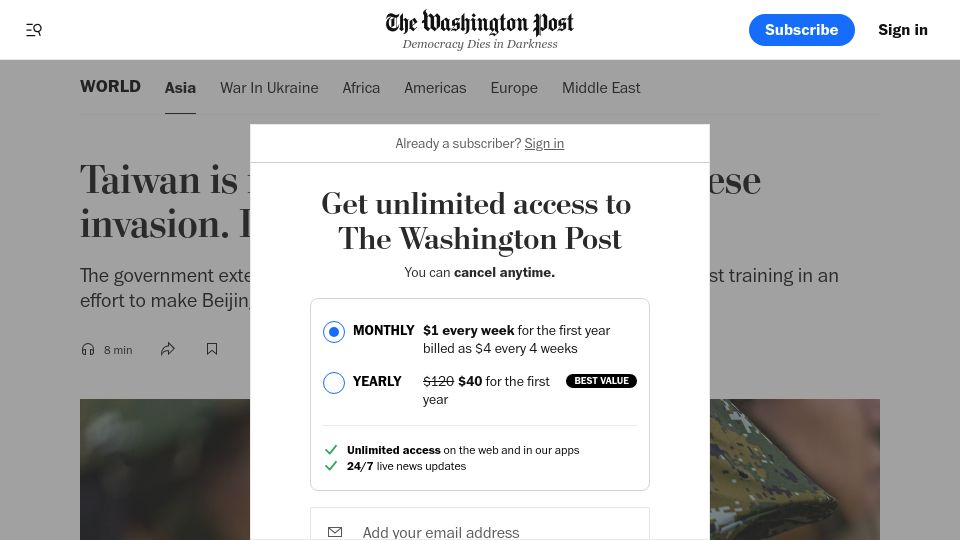 Screenshot of washingtonpost.com: Taiwan is behind schedule in preparations to fend off Chinese invasion