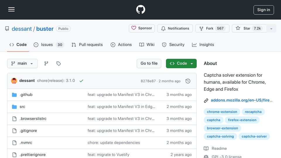 Screenshot of github.com: Buster: Captcha Solver for Humans