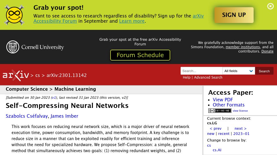 Screenshot of arxiv.org: Self-Compressing Neural Networks