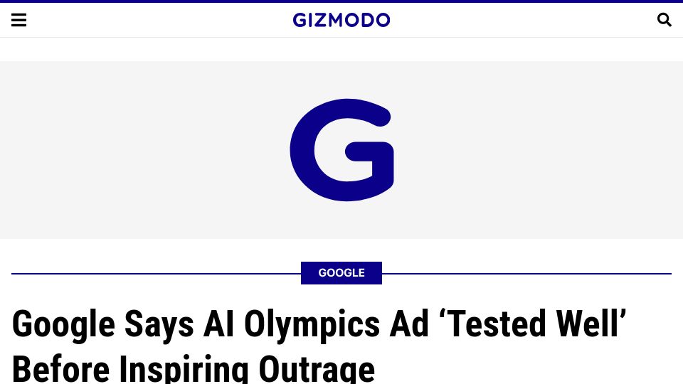 Screenshot of gizmodo.com: Google Says AI Olympics Ad 'Tested Well' Before Inspiring Outrage