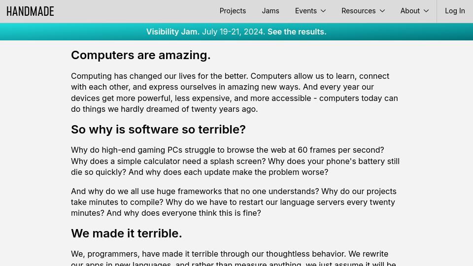 Screenshot of handmade.network: Computers are amazing. So why is software so terrible?