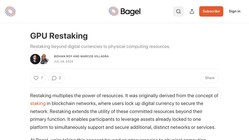 Screenshot of blog.bagel.net: GPU Restaking – Beyond digital currencies to physical computing resources