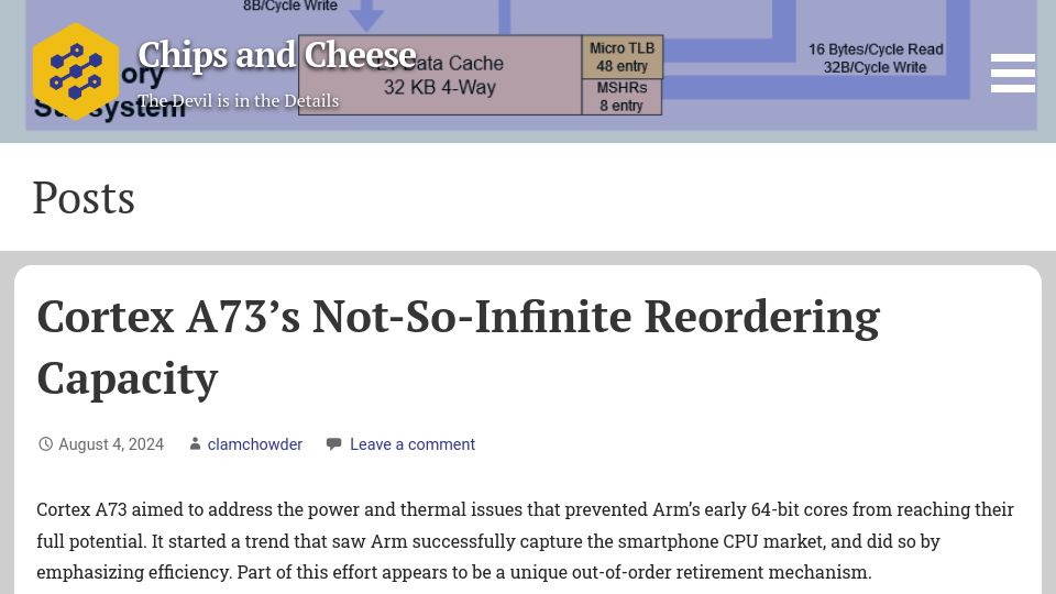 Screenshot of chipsandcheese.com: Cortex A73's Not-So-Infinite Reordering Capacity