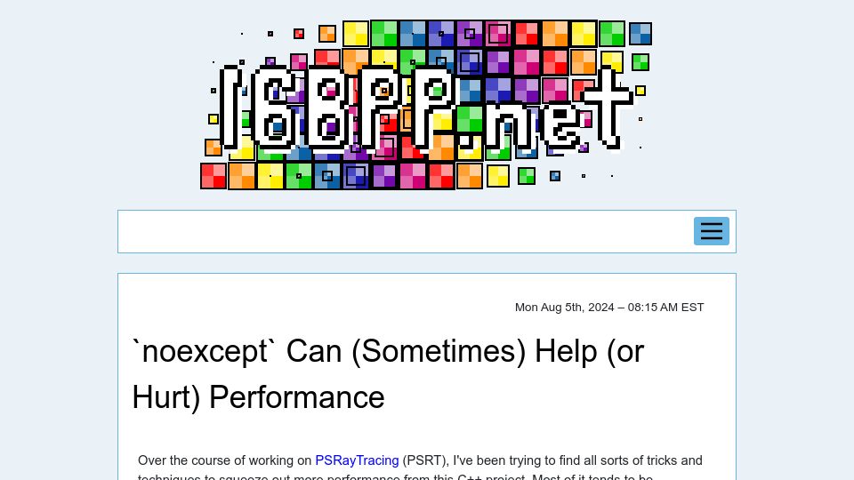 Screenshot of 16bpp.net: C++'s `noexcept` can sometimes help or hurt performance