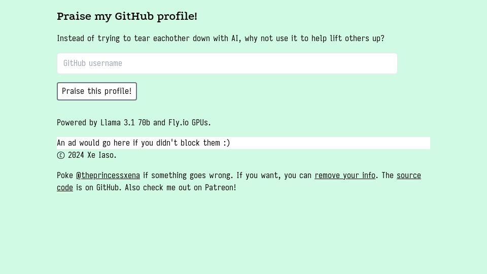 Screenshot of praise-me.fly.dev: Praise My GitHub Profile