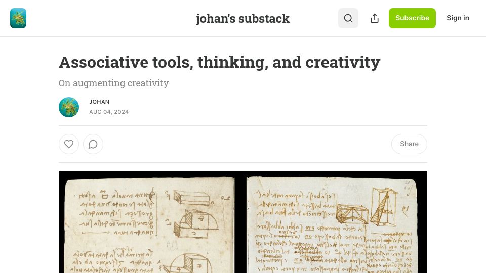 Screenshot of thelastwave.substack.com: Associative tools, thinking, and creativity: On augmenting creativity