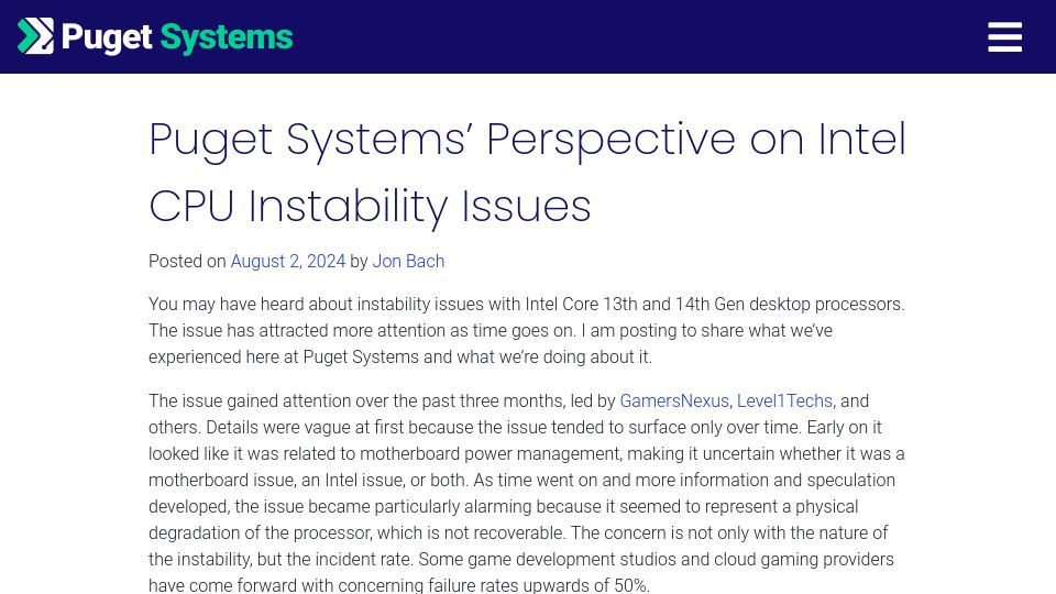 Screenshot of pugetsystems.com: Puget Systems' Perspective on Intel CPU Instability Issues