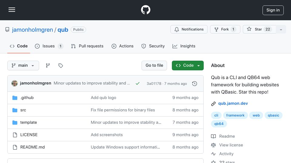 Screenshot of github.com: Qub – a framework for building websites with QBasic