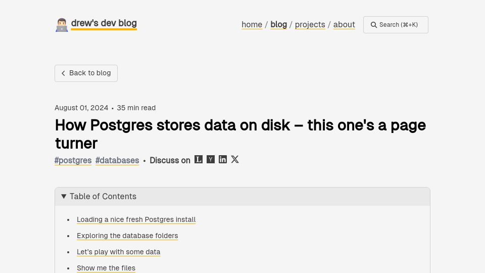 Screenshot of drew.silcock.dev: How Postgres stores data on disk – this one's a page turner