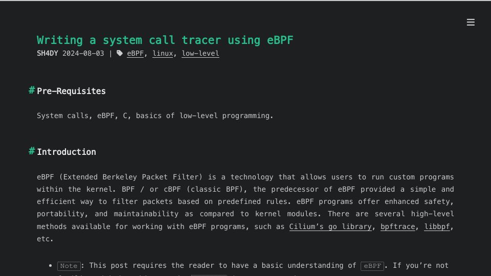 Screenshot of sh4dy.com: Writing a system call tracer using eBPF