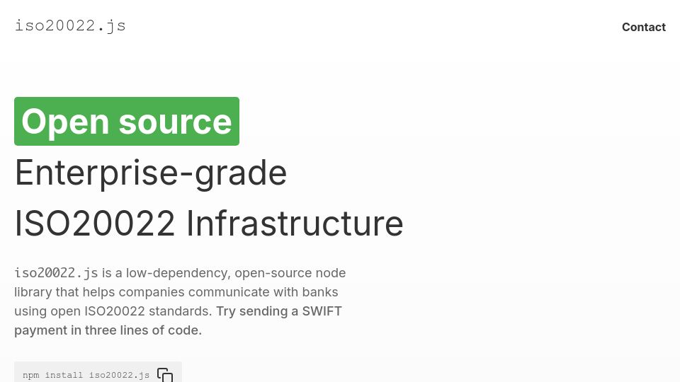 Screenshot of iso20022js.com: Show HN: Iso20022.js – Create payments in 3 lines of code