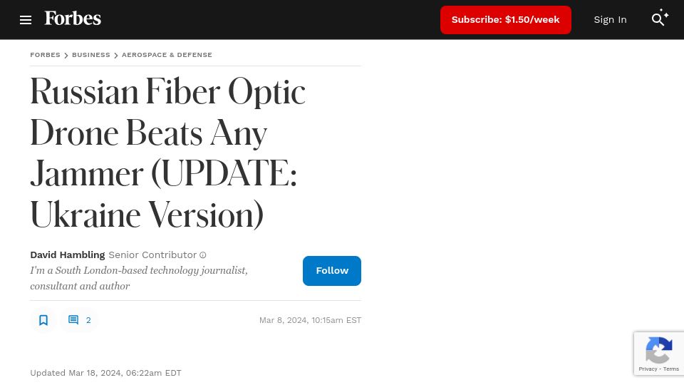 Screenshot of forbes.com: Fiber optic drone control beats any RF jammer