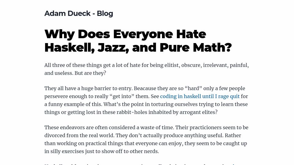 Screenshot of adueck.github.io: Why Does Everyone Hate Haskell, Jazz, and Pure Math?