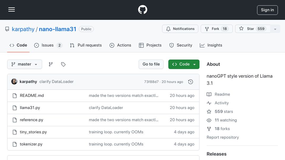 Screenshot of github.com: Karpathy/Nano-Llama31