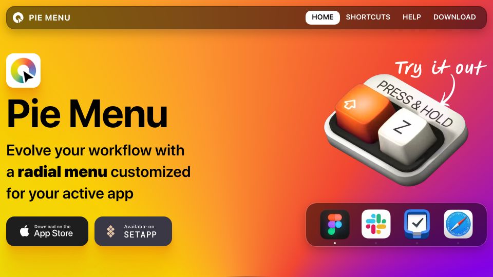 Screenshot of pie-menu.com: Show HN: Pie Menu – a radial menu for macOS