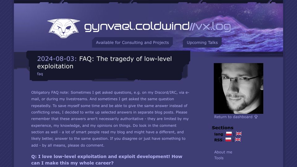 Screenshot of gynvael.coldwind.pl: The tragedy of low-level exploitation