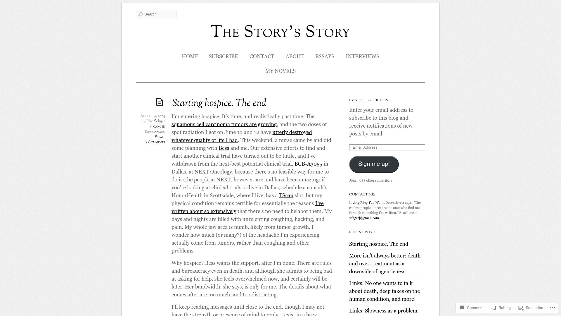 Screenshot of jakeseliger.com: Starting Hospice