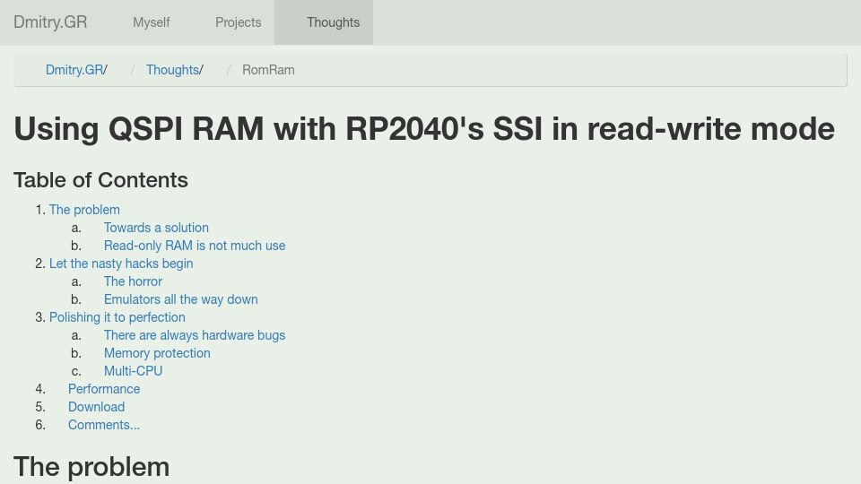 Screenshot of dmitry.gr: Romram: Using QSPI RAM with RP2040's SSI in read-write mode