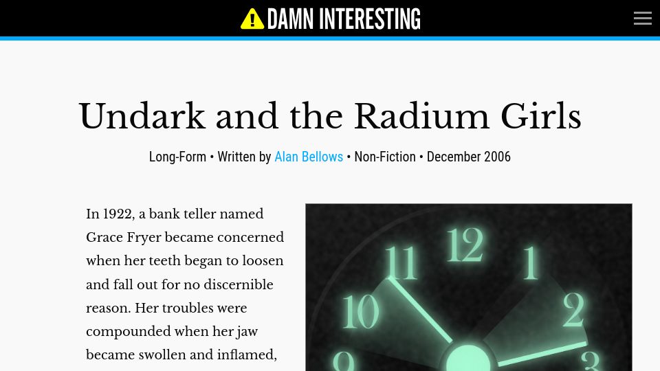 Screenshot of damninteresting.com: Undark and the Radium Girls (2006)