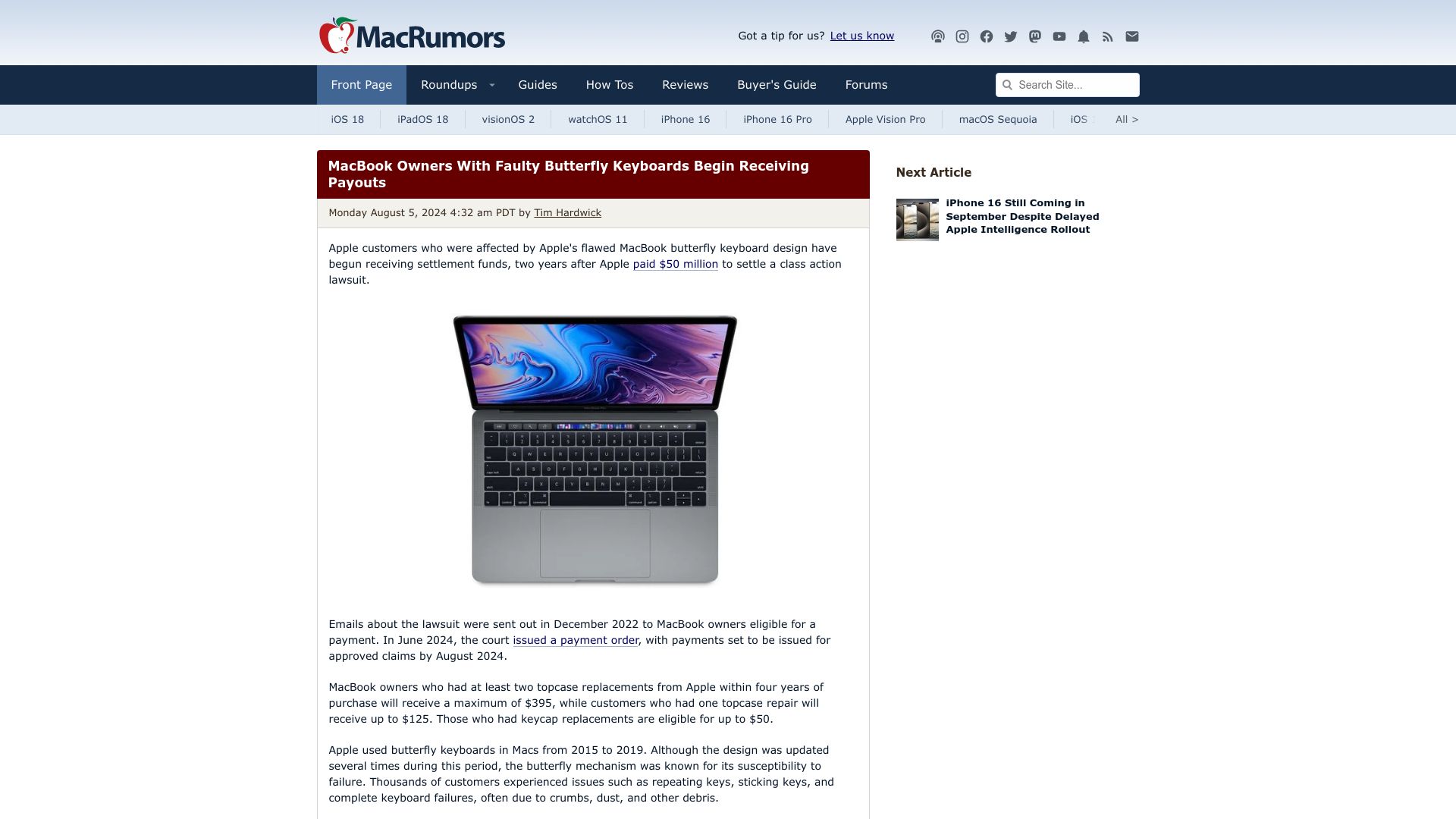 Screenshot of macrumors.com: MacBook Owners with Faulty Butterfly Keyboards Begin Receiving Payouts