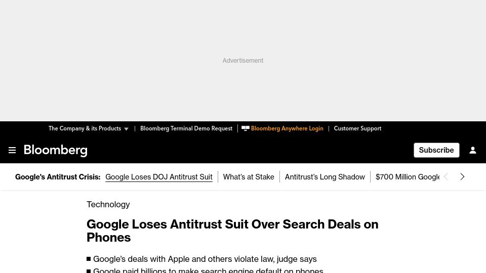 Screenshot of bloomberg.com: Google loses antitrust suit over search deals on phones