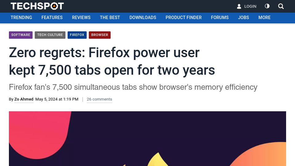 Screenshot of techspot.com: Zero regrets: Firefox power user kept 7,500 tabs open for two years