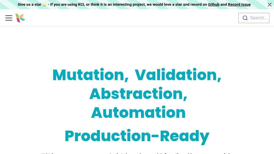 Screenshot of kcl-lang.io: KCL, a constraint-based functional language for configuration