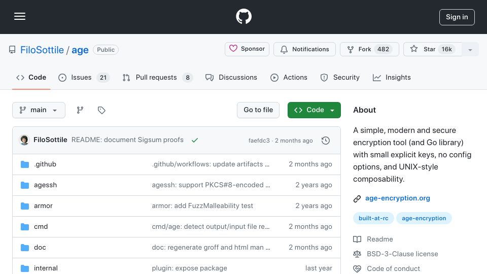 Screenshot of github.com: Age is a simple, modern and secure file encryption tool, format, and Go library