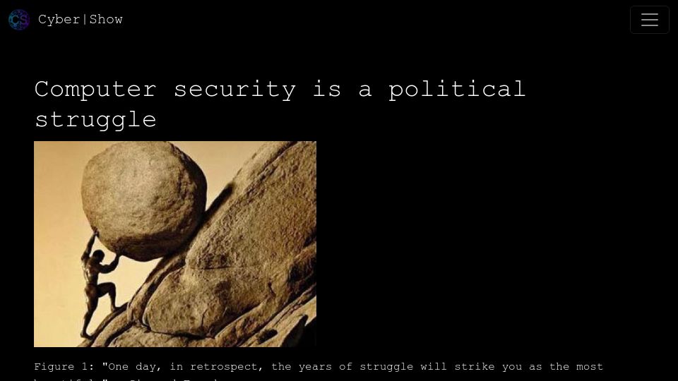 Screenshot of cybershow.uk: Computer Security Is a Political Struggle
