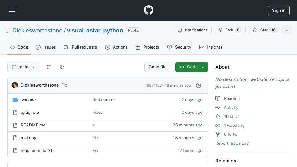Screenshot of github.com: Show HN: Visual A* pathfinding and maze generation in Python