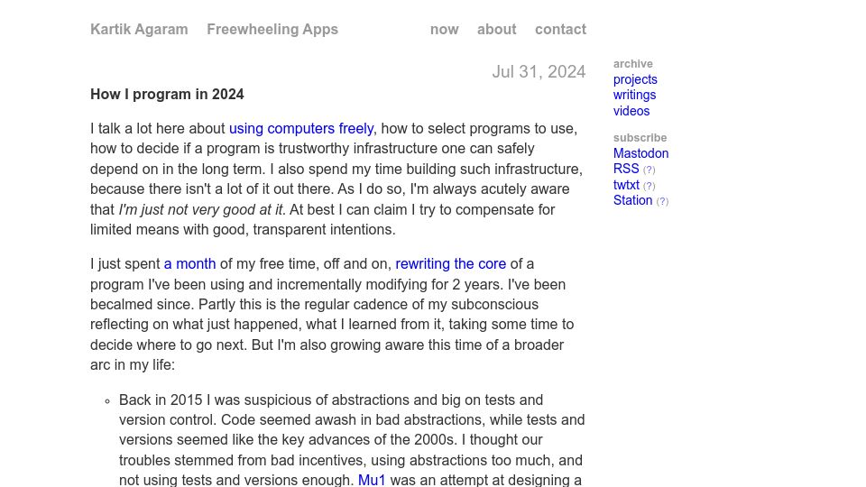 Screenshot of akkartik.name: How I Program in 2024
