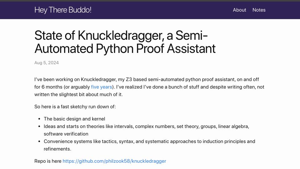 Screenshot of philipzucker.com: Knuckledragger, a Semi-Automated Python Proof Assistant