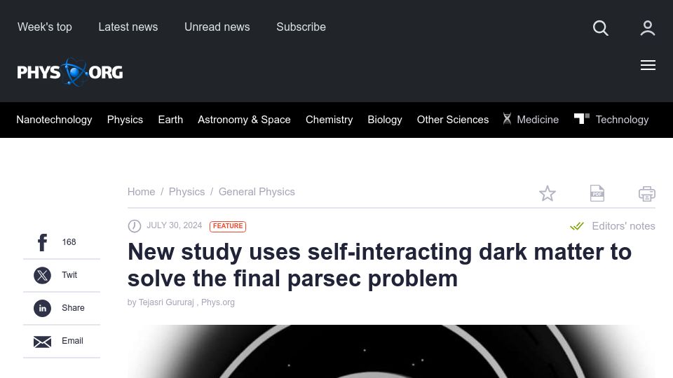 Screenshot of phys.org: New study uses self-interacting dark matter to solve the final parsec problem