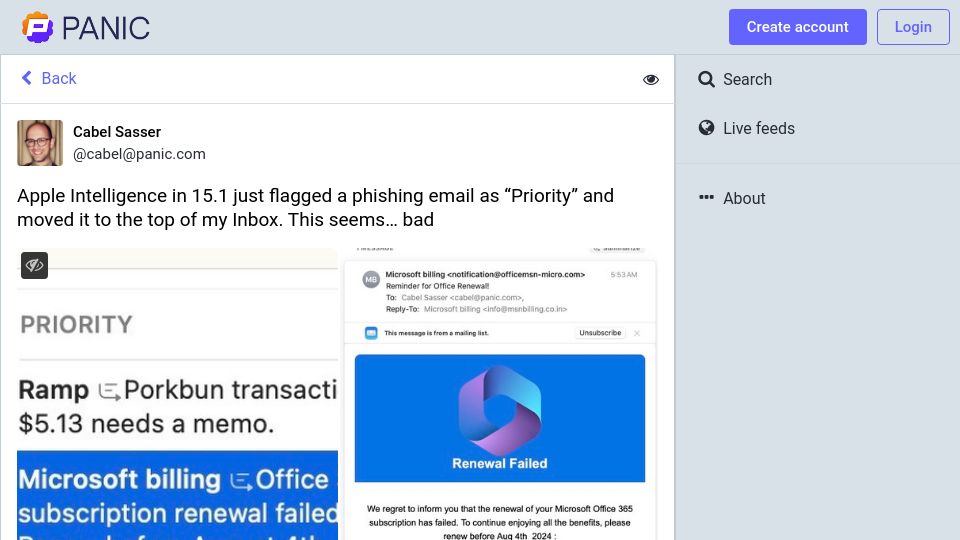 Screenshot of social.panic.com: Apple Intelligence beta flagged a phishing email as "Priority"