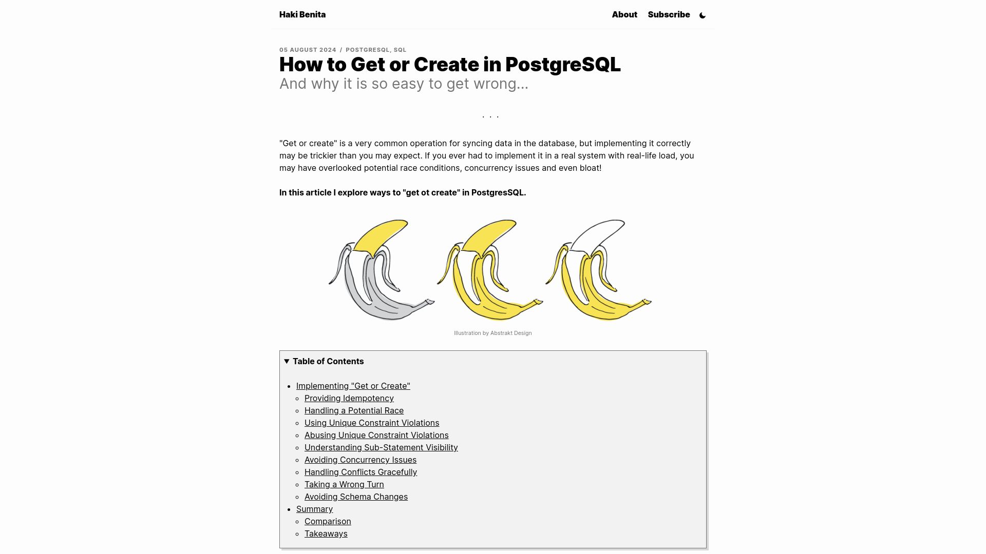 Screenshot of hakibenita.com: How to Get or Create in PostgreSQL