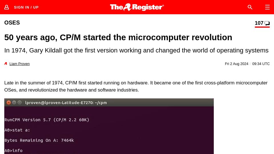 Screenshot of theregister.com: 50 years ago, CP/M started the microcomputer revolution