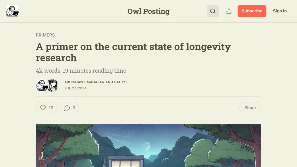 Screenshot of owlposting.com: A primer on the current state of longevity research