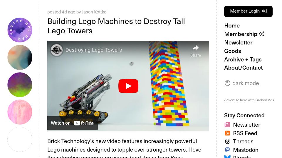 Screenshot of kottke.org: Building Lego Machines to Destroy Tall Lego Towers