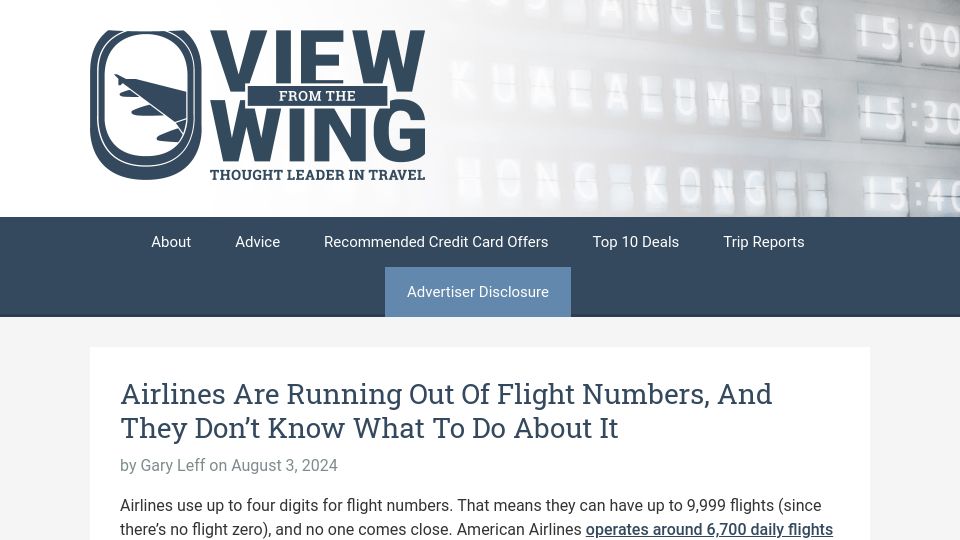 Screenshot of viewfromthewing.com: Airlines are running out of 4-digit flight numbers