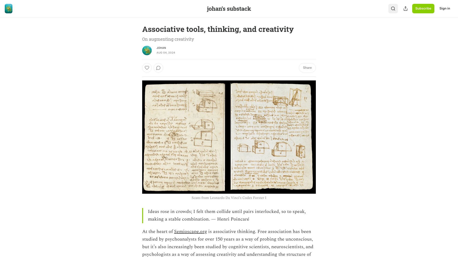 Screenshot of thelastwave.substack.com: Associative tools, thinking, and creativity: On augmenting creativity