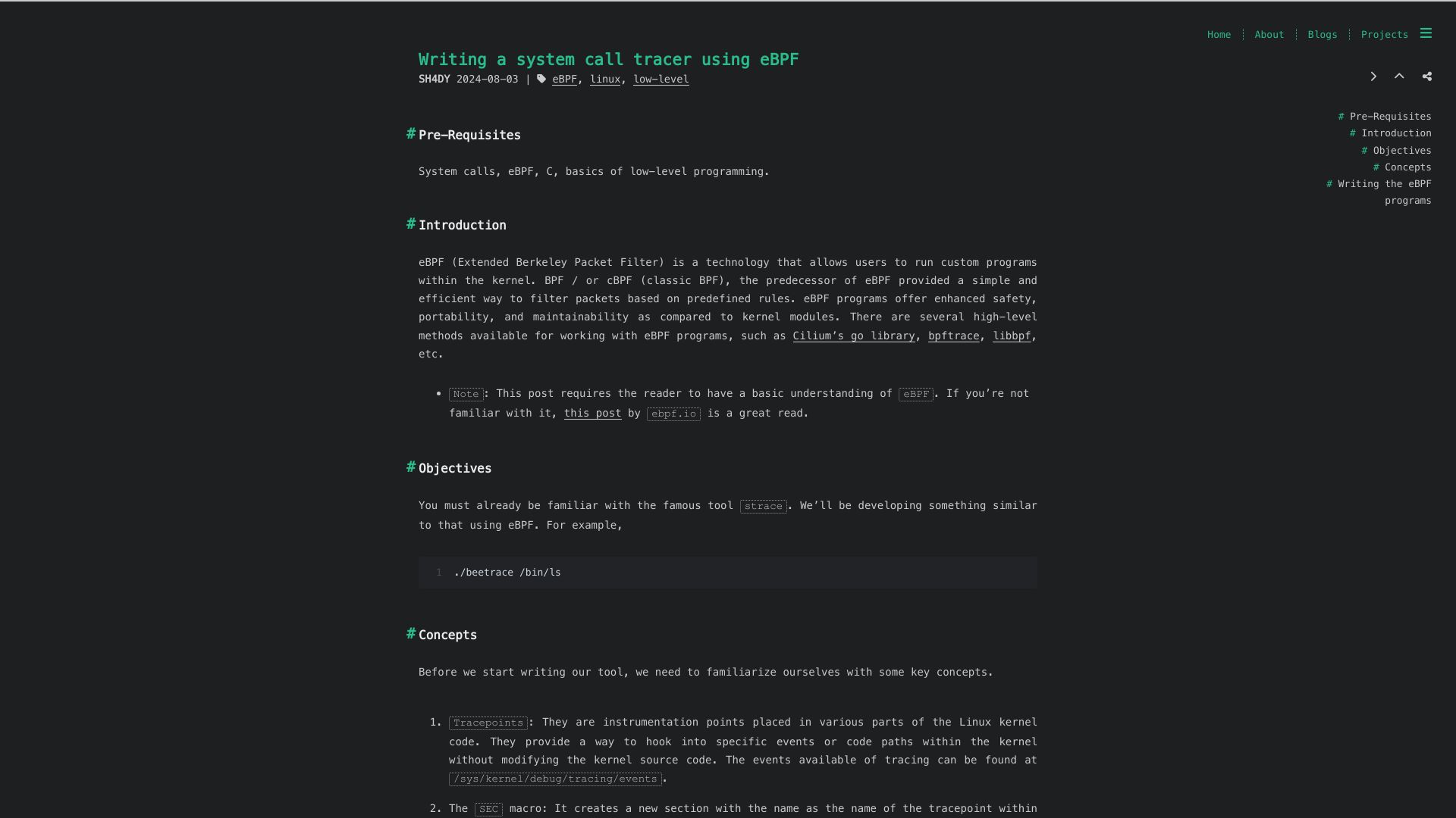 Screenshot of sh4dy.com: Writing a system call tracer using eBPF